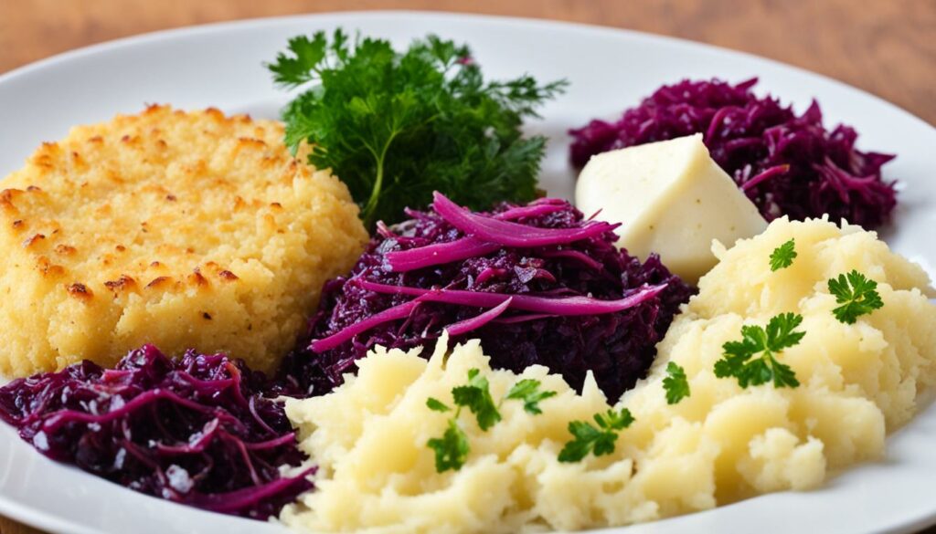 Sauerkraut, Rotkohl und Semmelknödel
